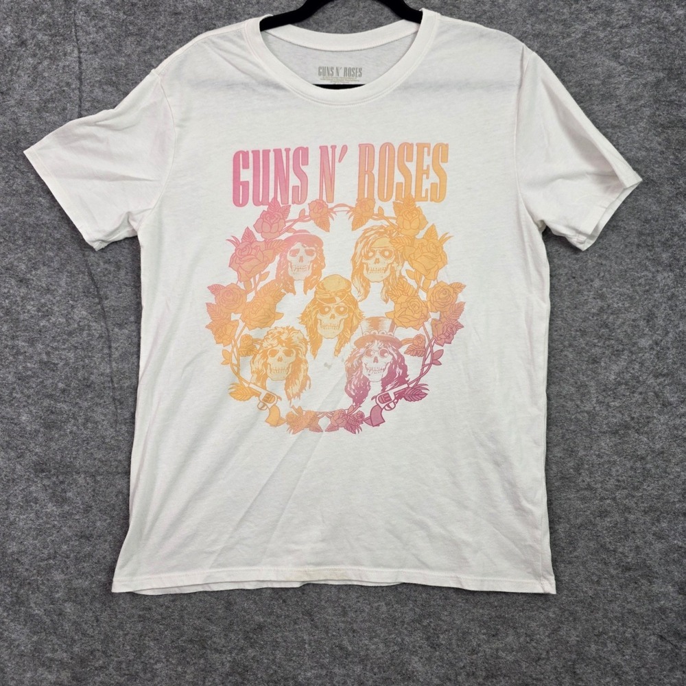 Guns N Roses Womens Small Graphic T-Shirt White Pink Orange Skulls Roses 2023